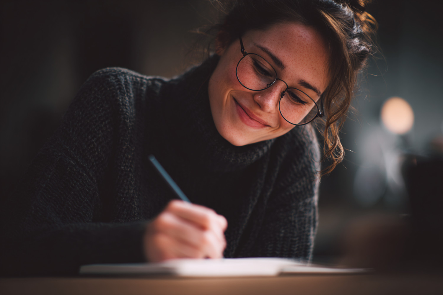 Eine Frau schreibt in ein Heft