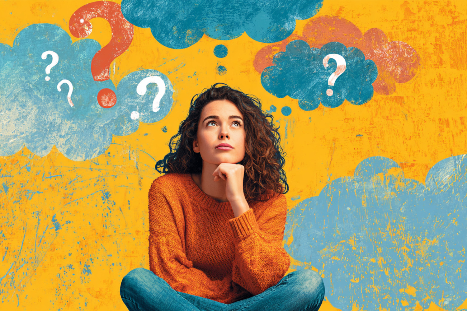 Eine Frau sitzt nachdenklich vor einem bunten Hintergrund mit Fragezeichen
