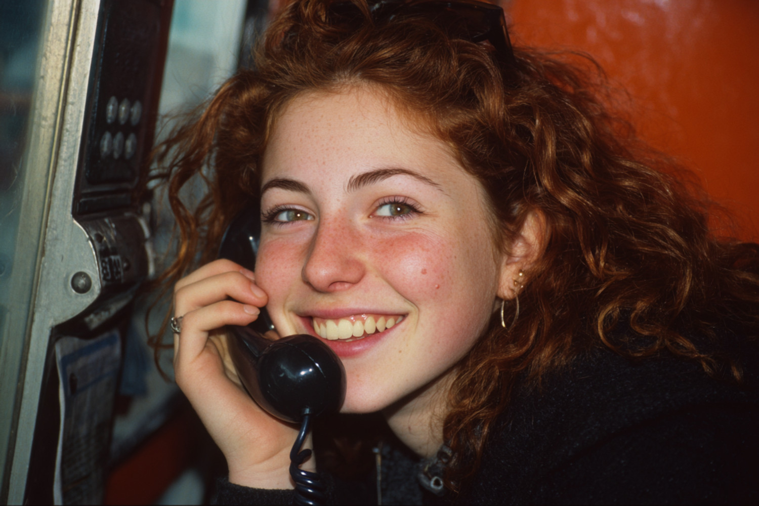 Eine Frau telefoniert in einer altmodischen Telefonzelle