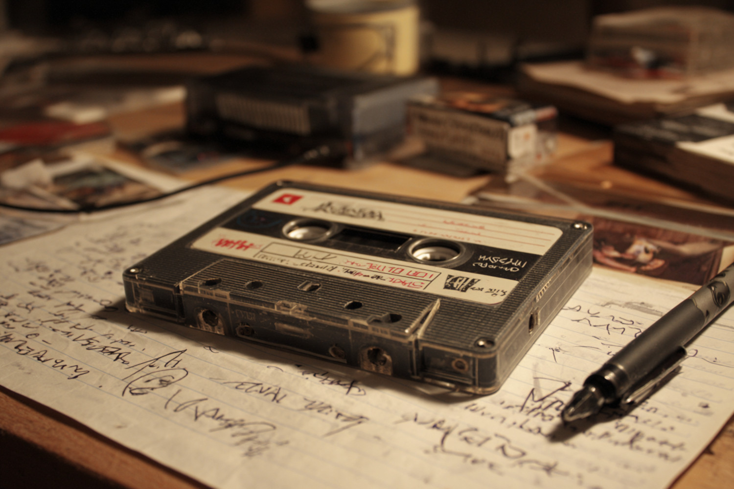 Eine Kassette bzw. ein Mixtape liegen auf einem unordentlichen Tisch