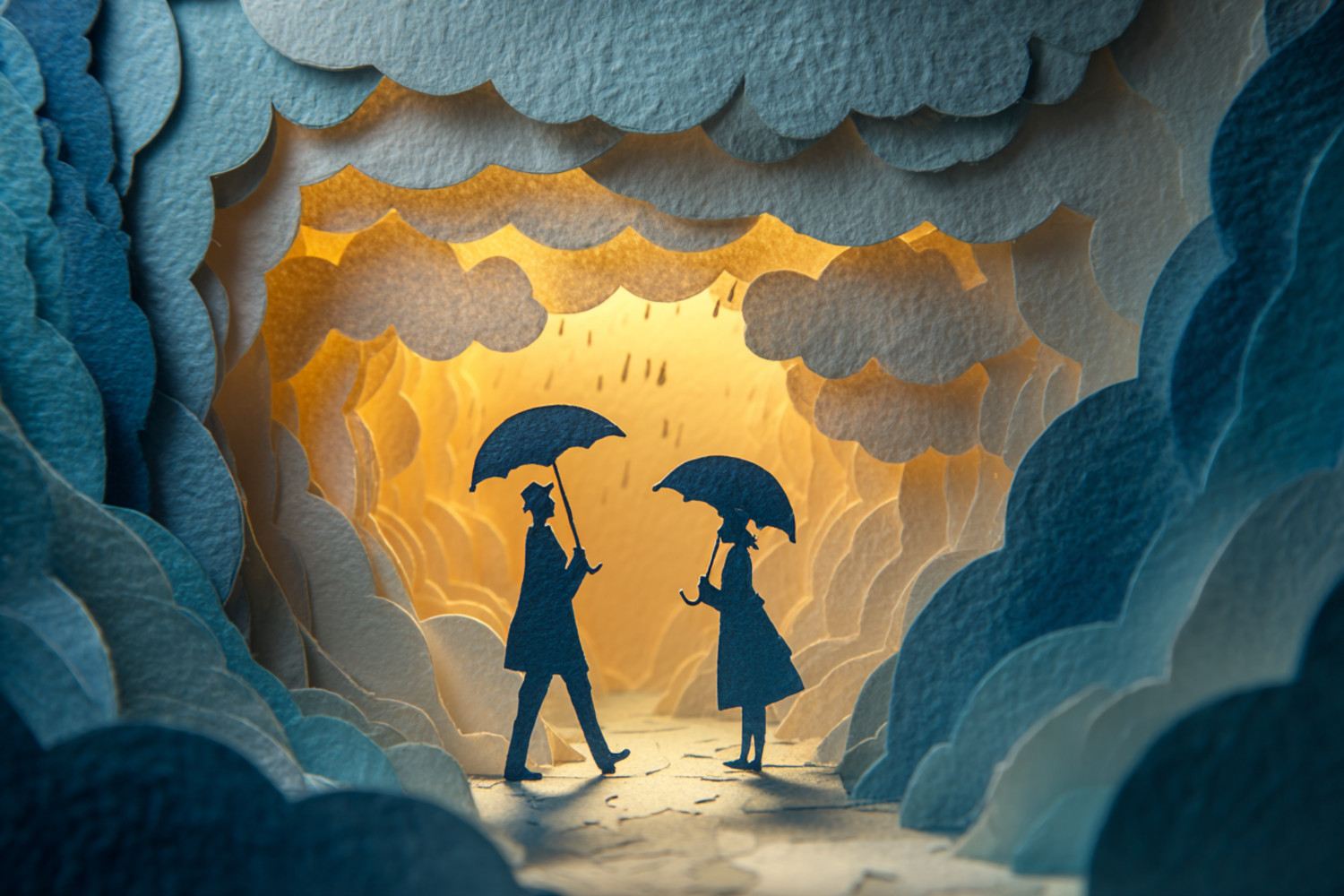 Eine Szenerie aus Papier, zwei Figuren mit Schirmen unter Wolken und Sonne