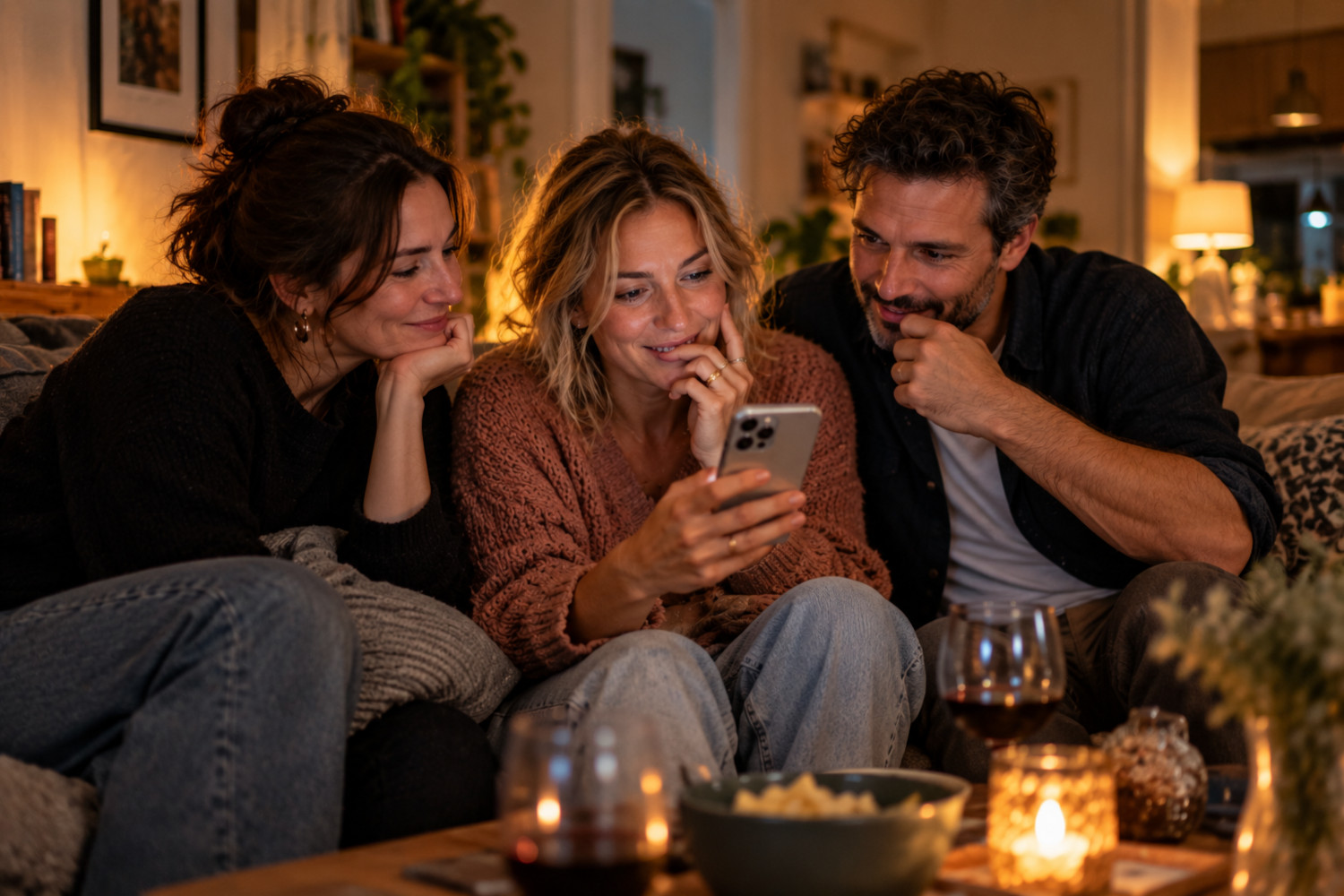 Eine Frau schaut auf ihr Handy, ein Mann und eine Frau sitzen links und rechts von ihr und schauen neugierig zu