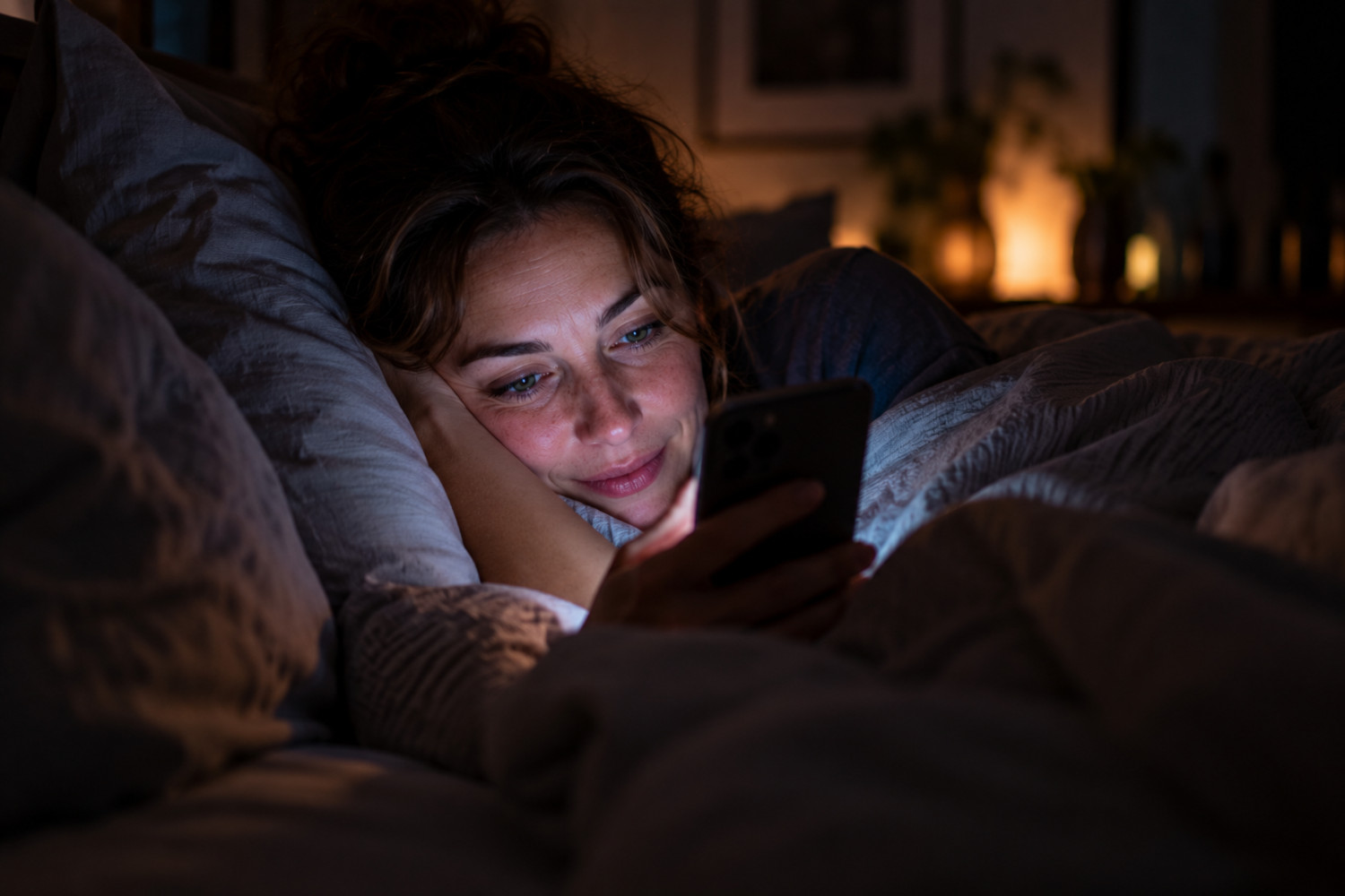 Eine Frau liegt abends im Bett und schaut auf ihr Handy