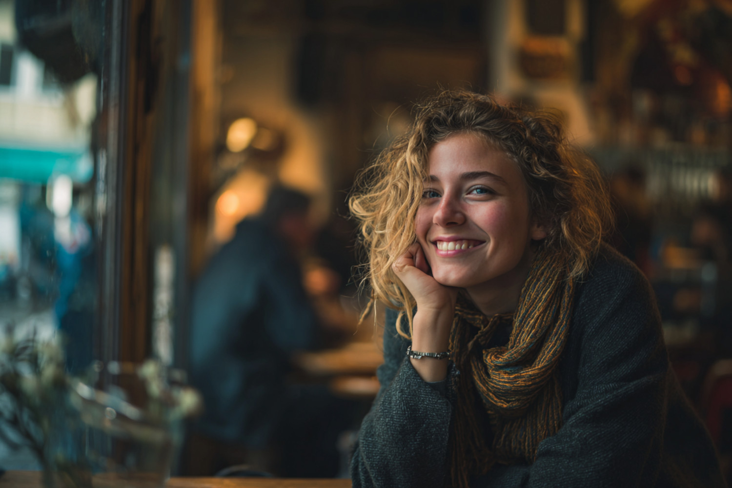 Eine Frau sitzt in einem Café