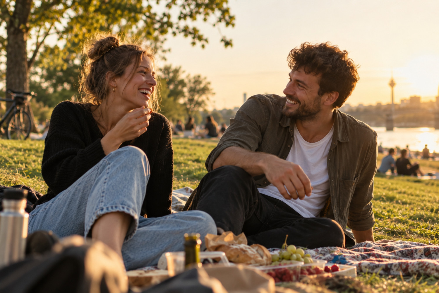 Ein Mann und eine Frau machen ein Picknick an einem Flussufer