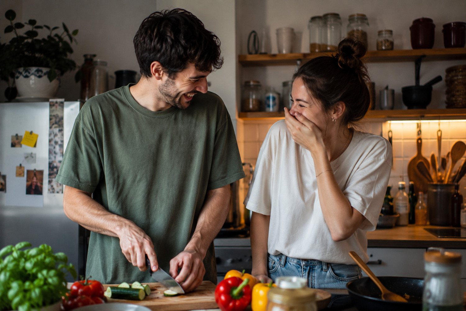 Ein Mann und eine Frau stehen in einer Küche, er schneidet Gemüse, sie lachen gemeinsam