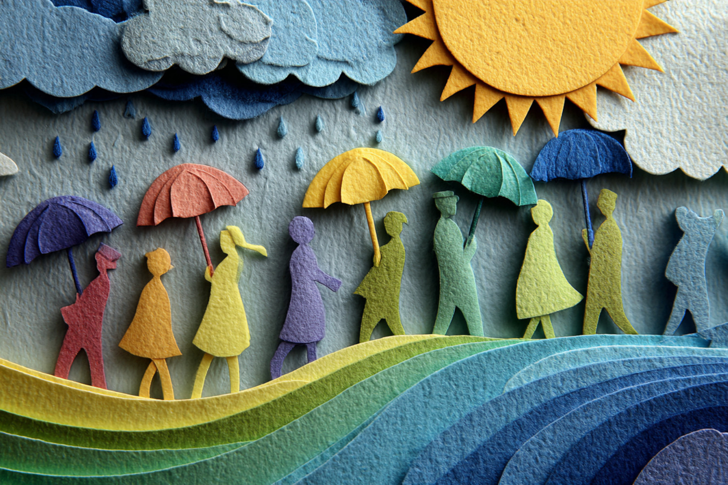 Ein buntes Papierbild von Leuten Regenschirmen im Aprilwetter.