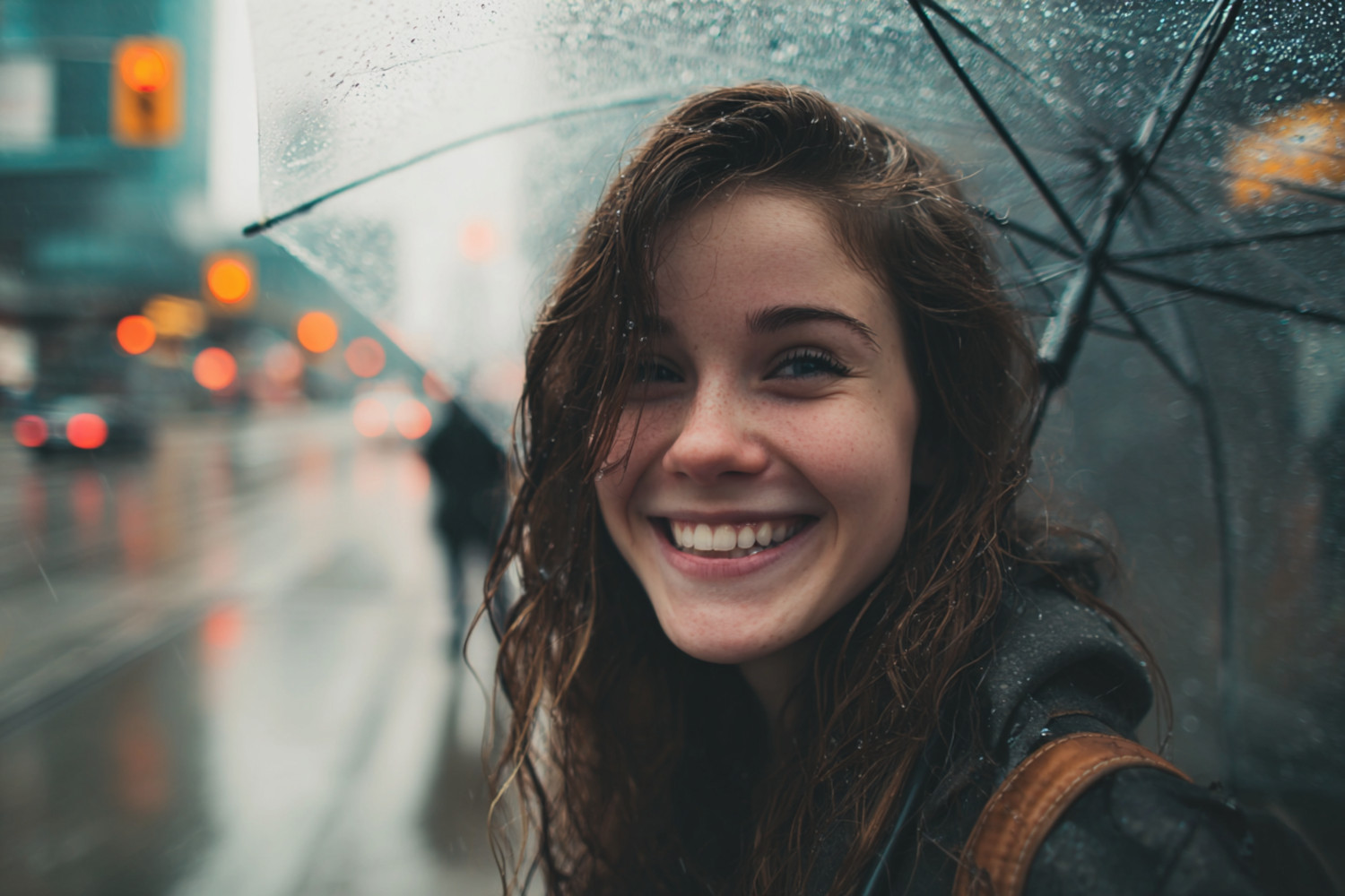 Eine Frau unter einem Schirm im Regenwetter