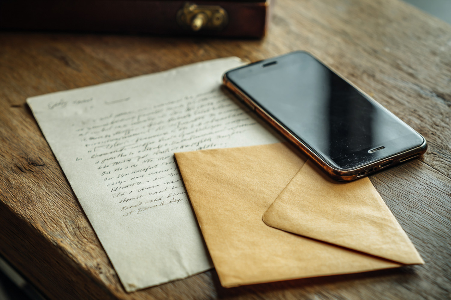 Auf einem Tisch liegen ein handgeschriebener Brief und eine Smartphone