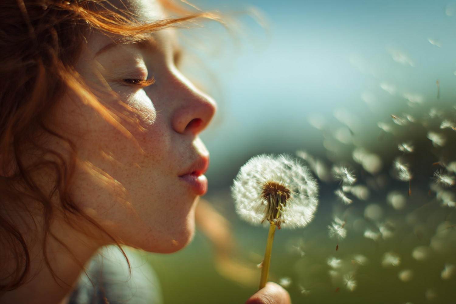 Eine Frau pustet Löwenzahnsamen