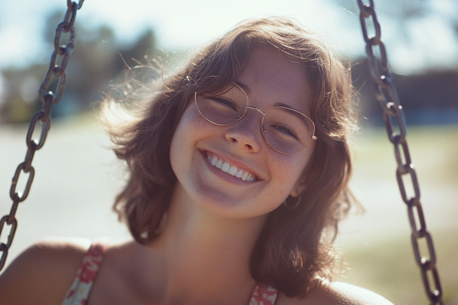 Eine Frau sitzt auf einer Schaukel