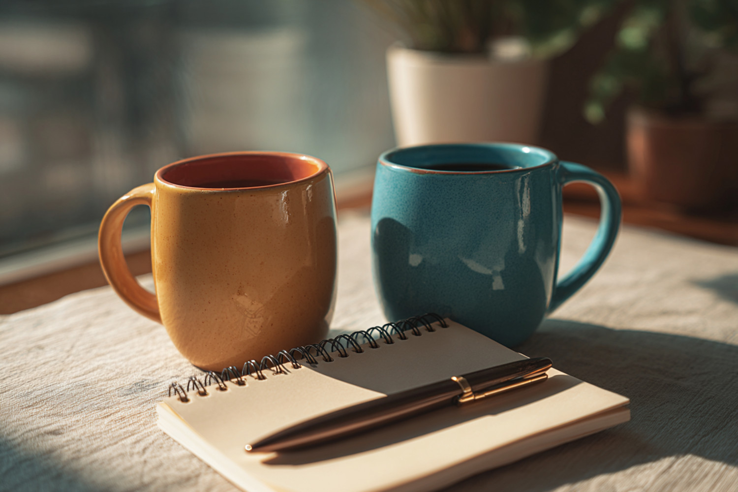 Eine gelbe und eine türkise Tasse auf einem Tisch, daneben ein Notizblock und ein Kugelschreiber