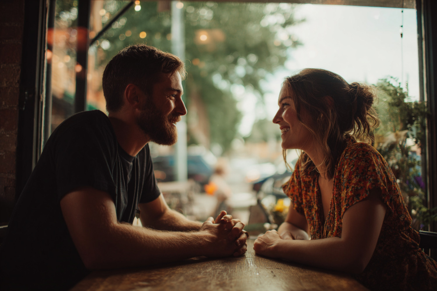 Ein Mann und eine Frau sitzen sich an einem Tisch gegenüber, sie lächeln sich an