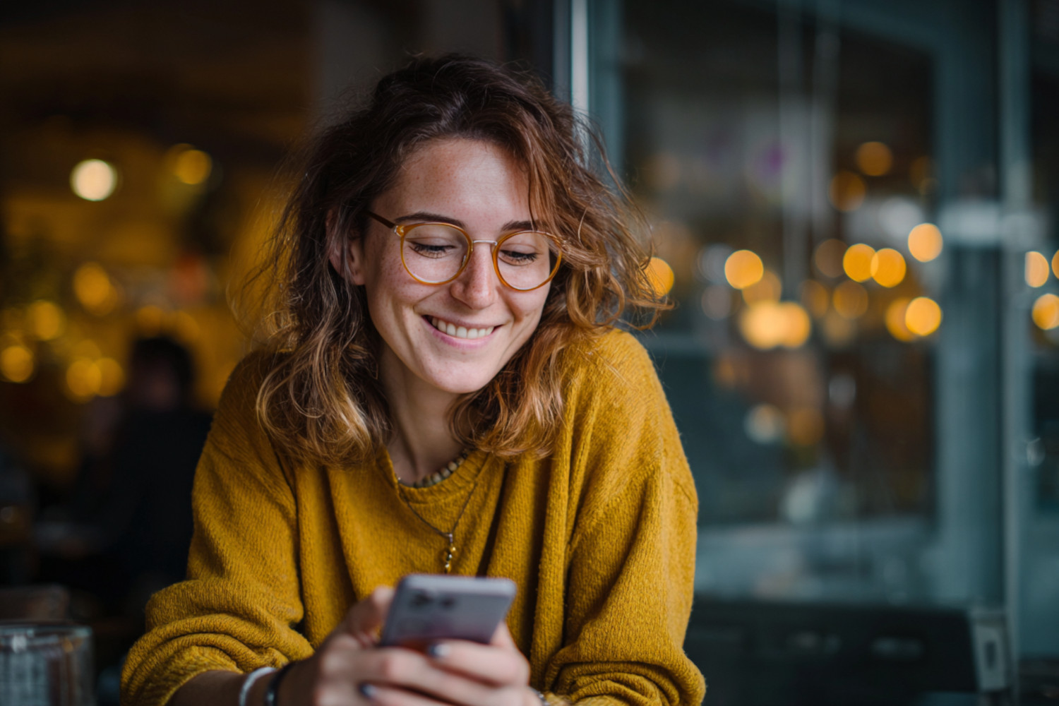 Eine Frau schaut lächelnd auf ein Smartphone