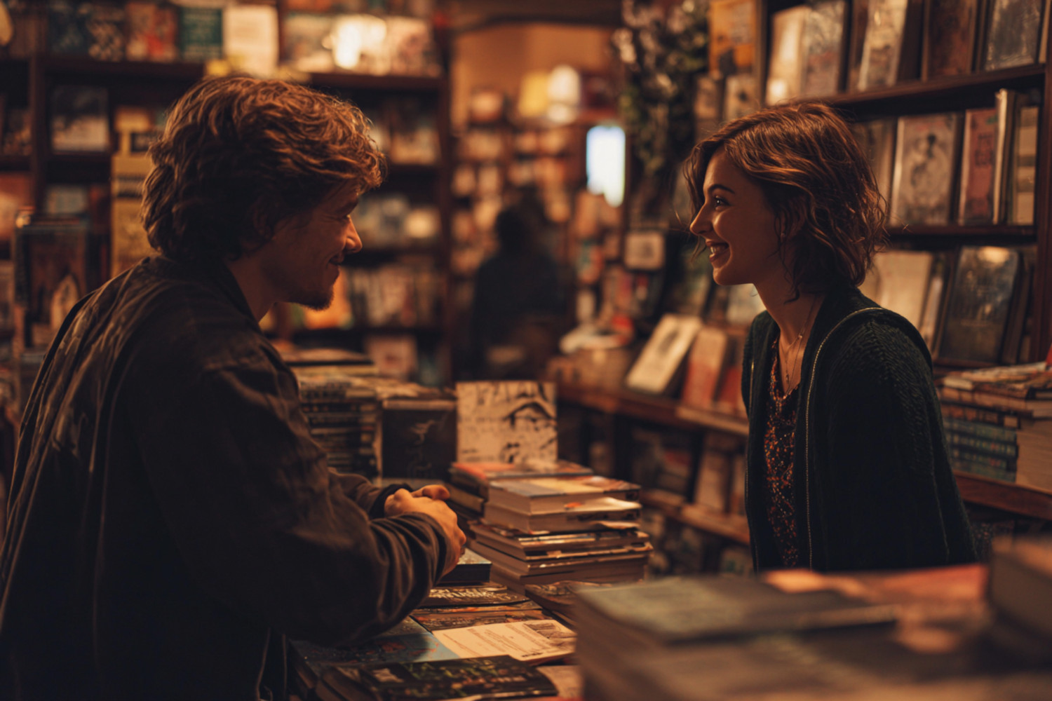 Zwei Menschen unterhalten sich in einem Buchladen