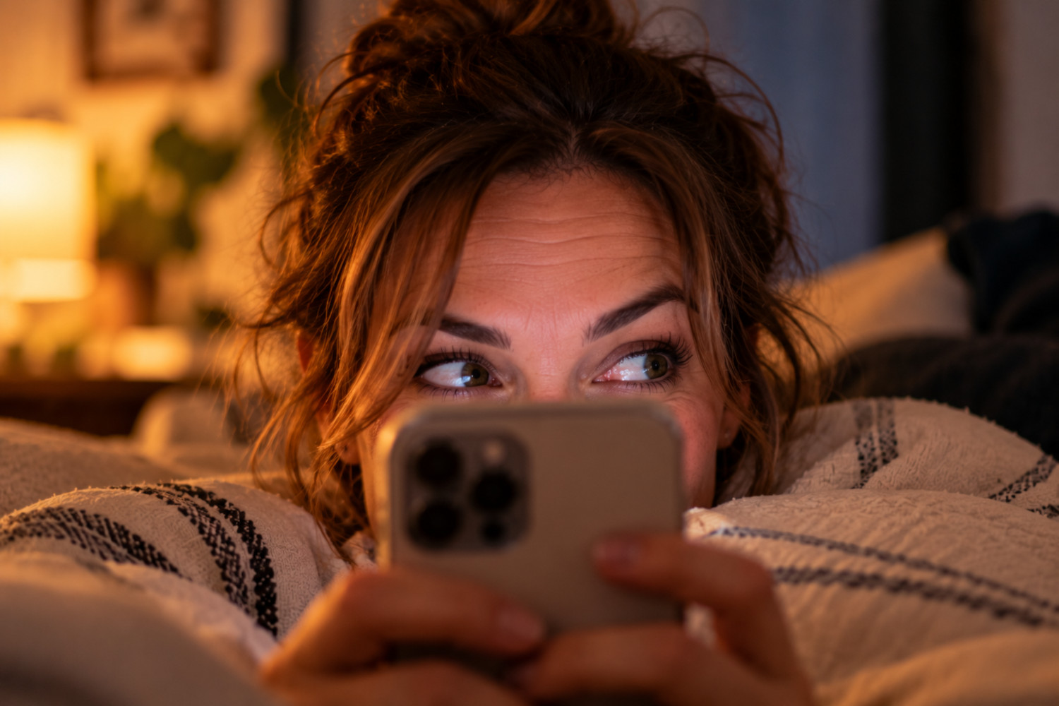Eine Frau blickt verschmitzt über ihr Handy zur Seite