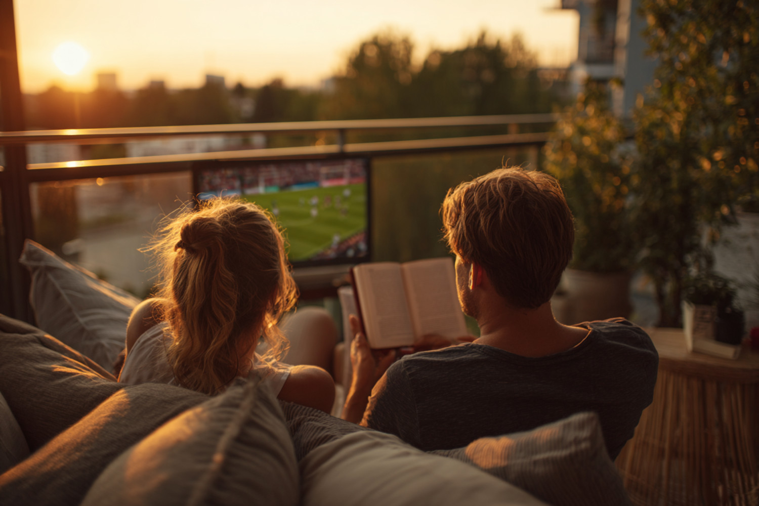Ein Mann und eine Frau sitzen auf einem Balkon, sie guckt Fußball auf einem Laptop, er liest ein Buch