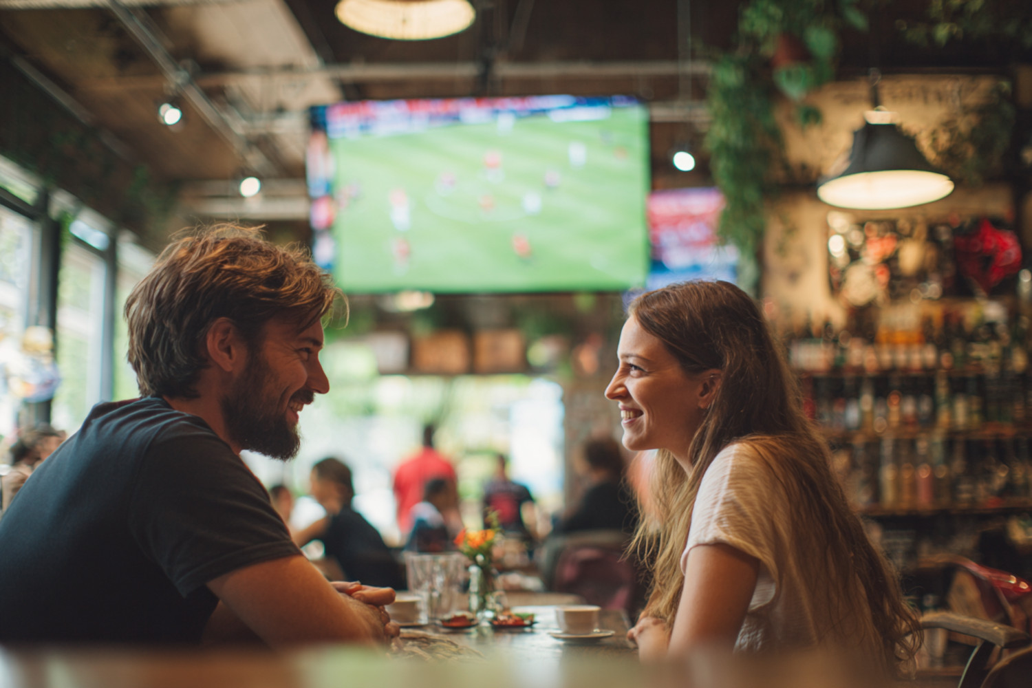 Ein Mann und eine Frau sitzen in einem Cafe, im Hintergrund läuft Fußball
