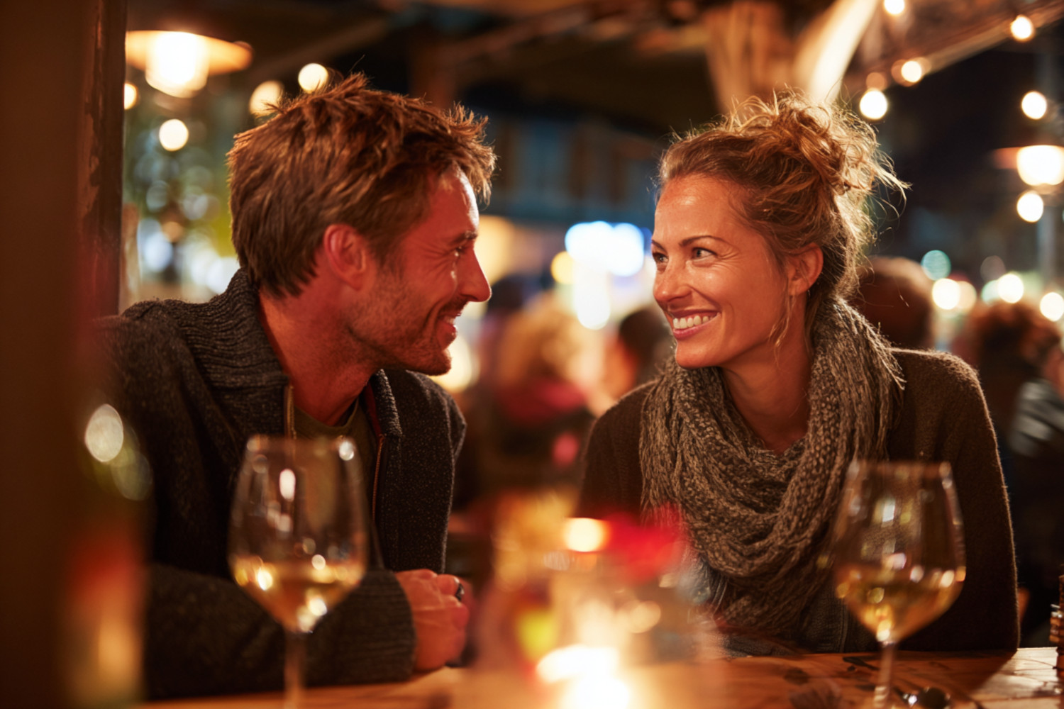 Ein Mann und eine Frau sitzen im Restaurant an einem Tisch