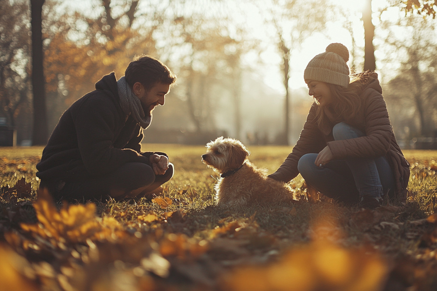 Ein Mann und eine Frau sind mit einem Hund im Park