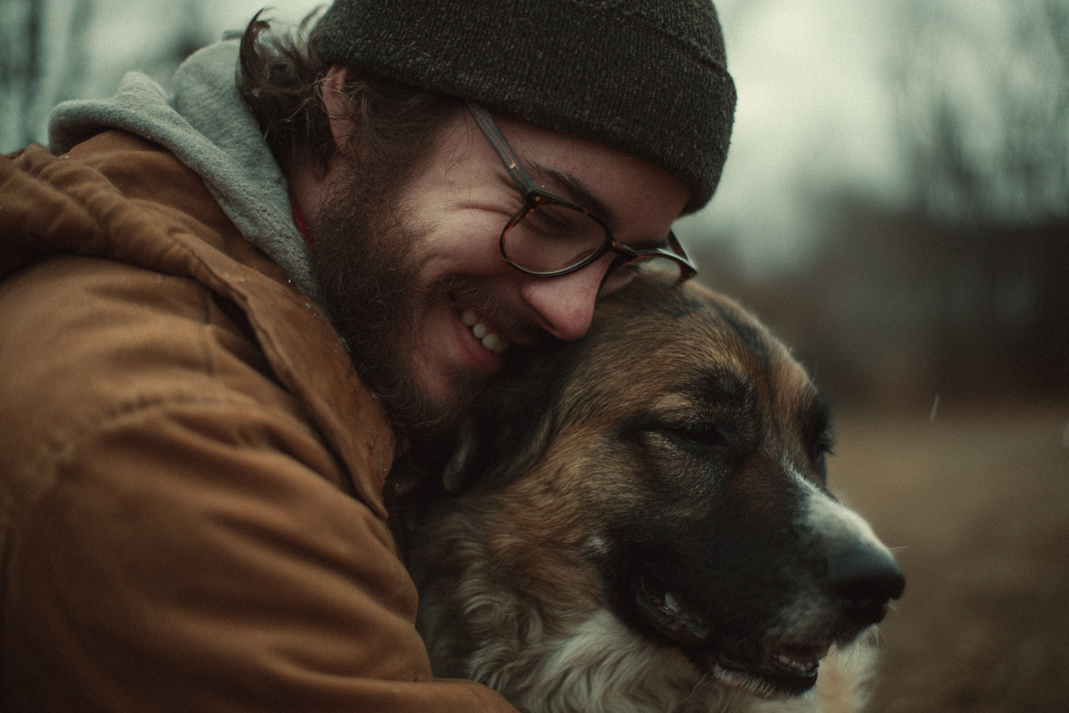 Ein Mann kuschelt einen Hund im Park