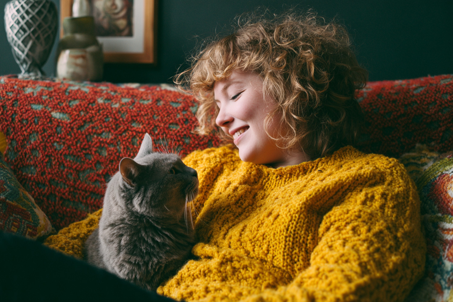 Ein Frau kuschelt auf einem Sofa mit einer Katze