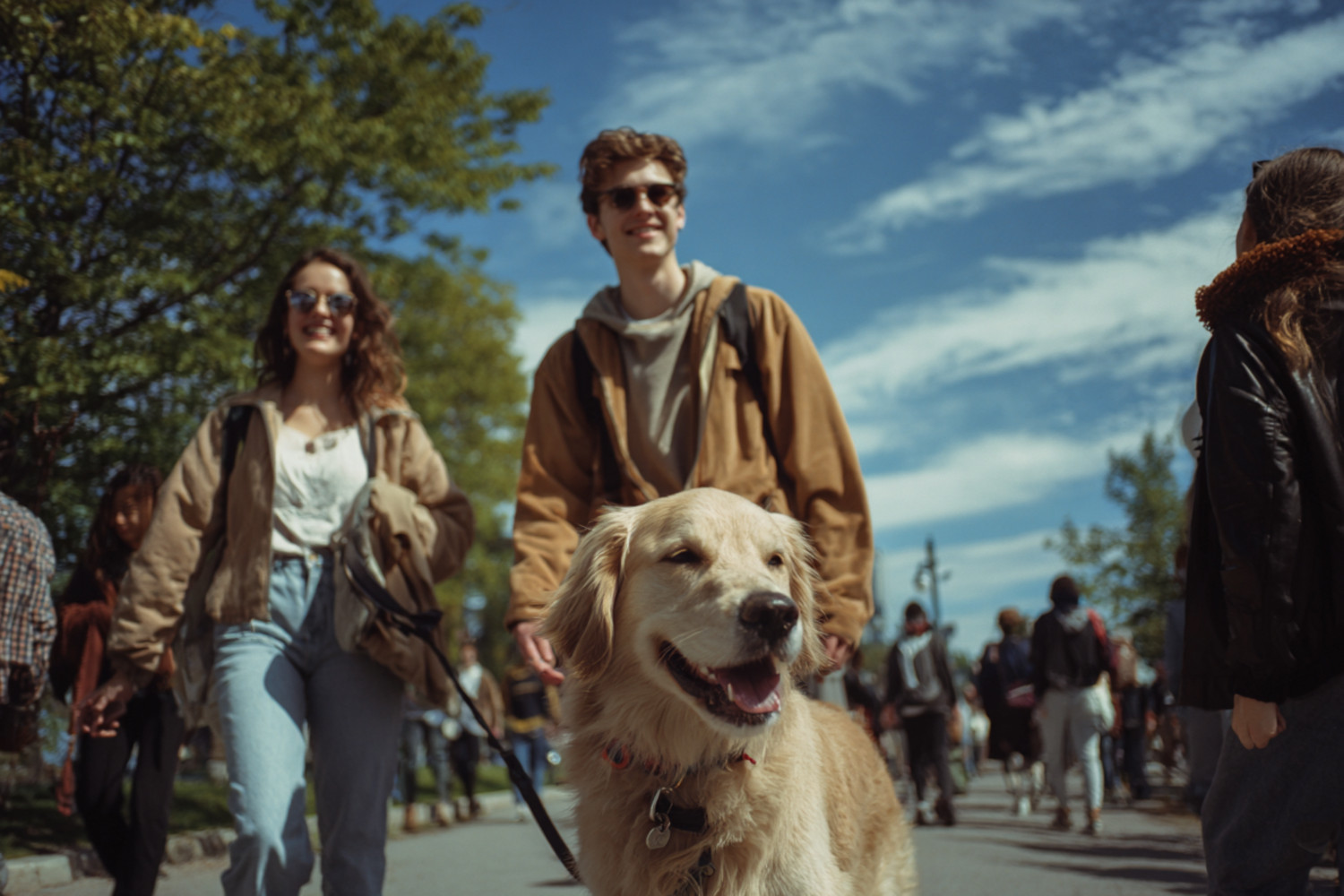 Einige Menschen gehen mit einem Hund spazieren
