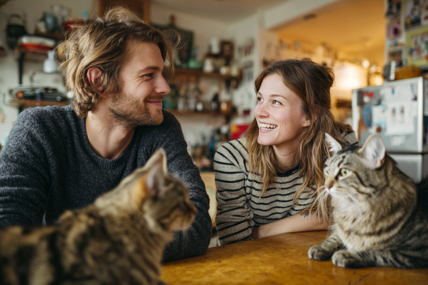 Ein Mann und eine Frau sitzen an einem Tisch, auf dem Tisch sitzen zwei Katzen