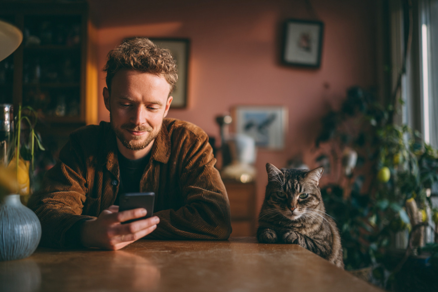 Ein Mann sitzt an einem Tisch und schaut auf ein Smartphone. Daneben eine Katze.