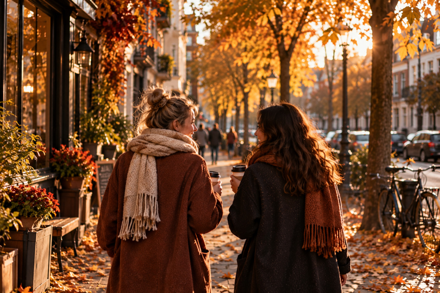 Zwei Frauen spazieren durch einen sonnigen Herbsttag
