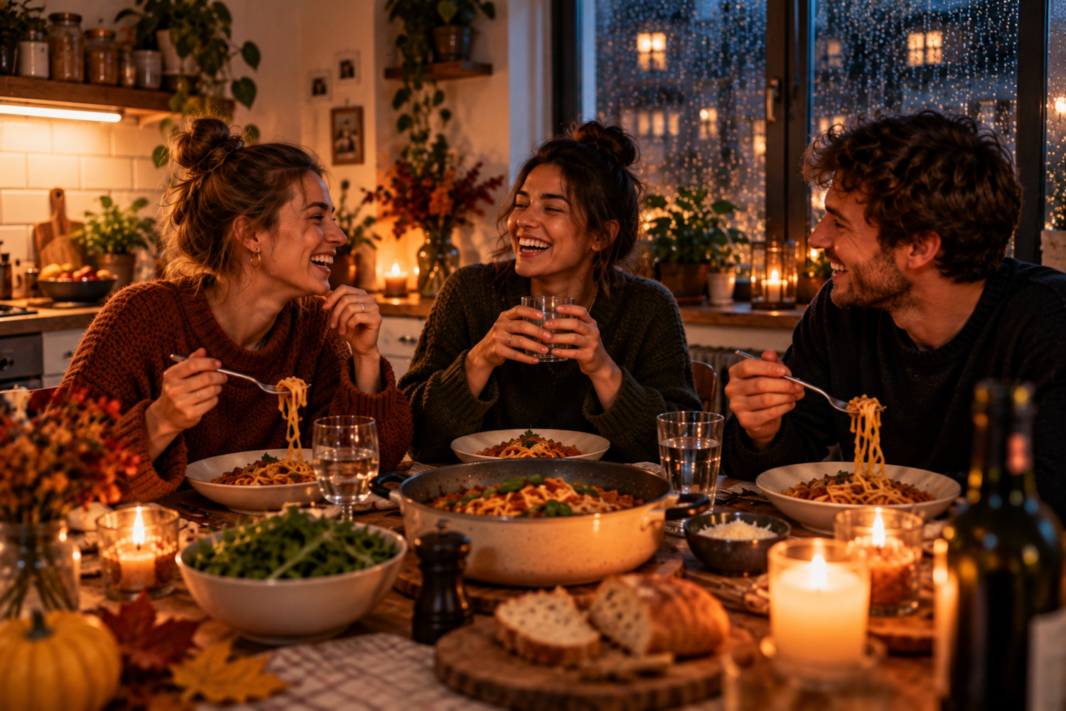 Drei Freunde essen gemeinsam in einer gemütlichen Küche