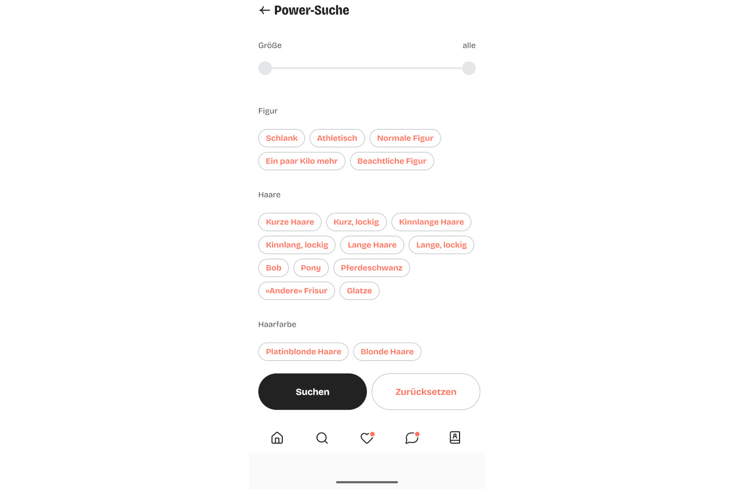 Screenshot von einigen Suchkriterien in der Finya App