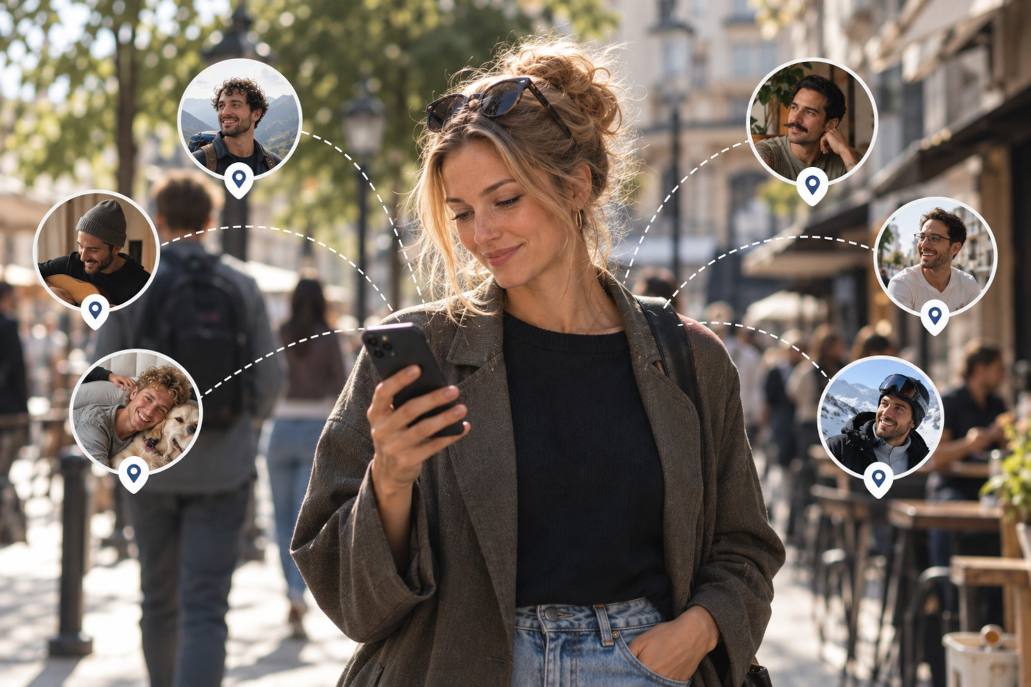Eine Frau schaut auf ihr Smartphone, um sie herum zeigen Pfeile auf verschiedene Profilbilder von Männern