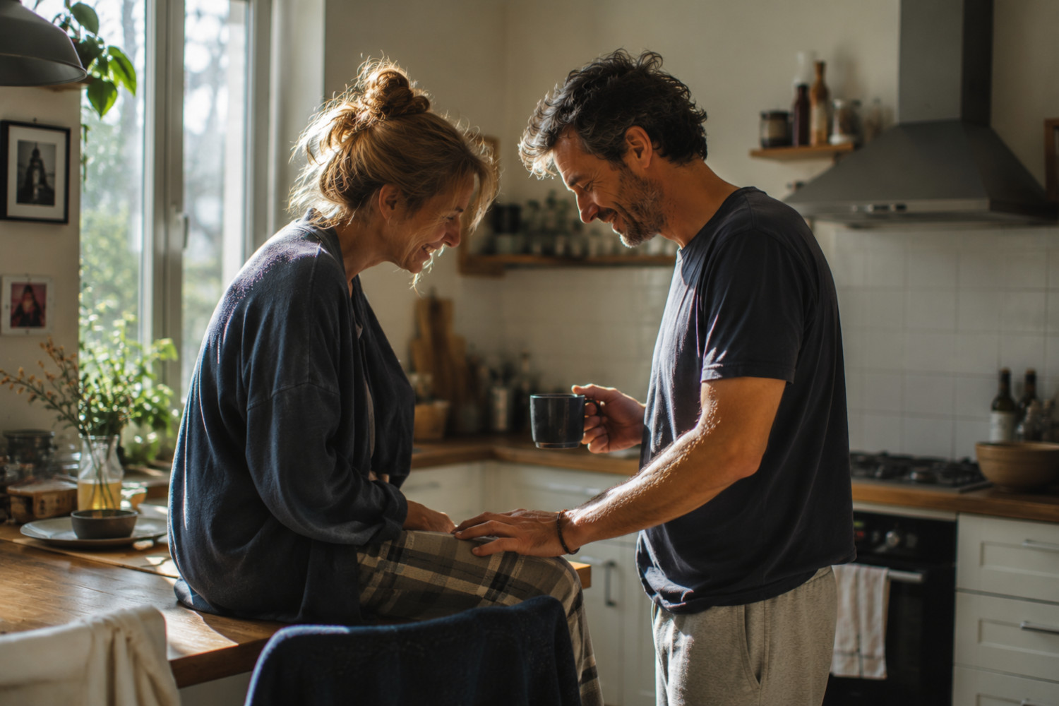 Ein Mann und eine Frau trinken gemeinsam Kaffee in der Küche