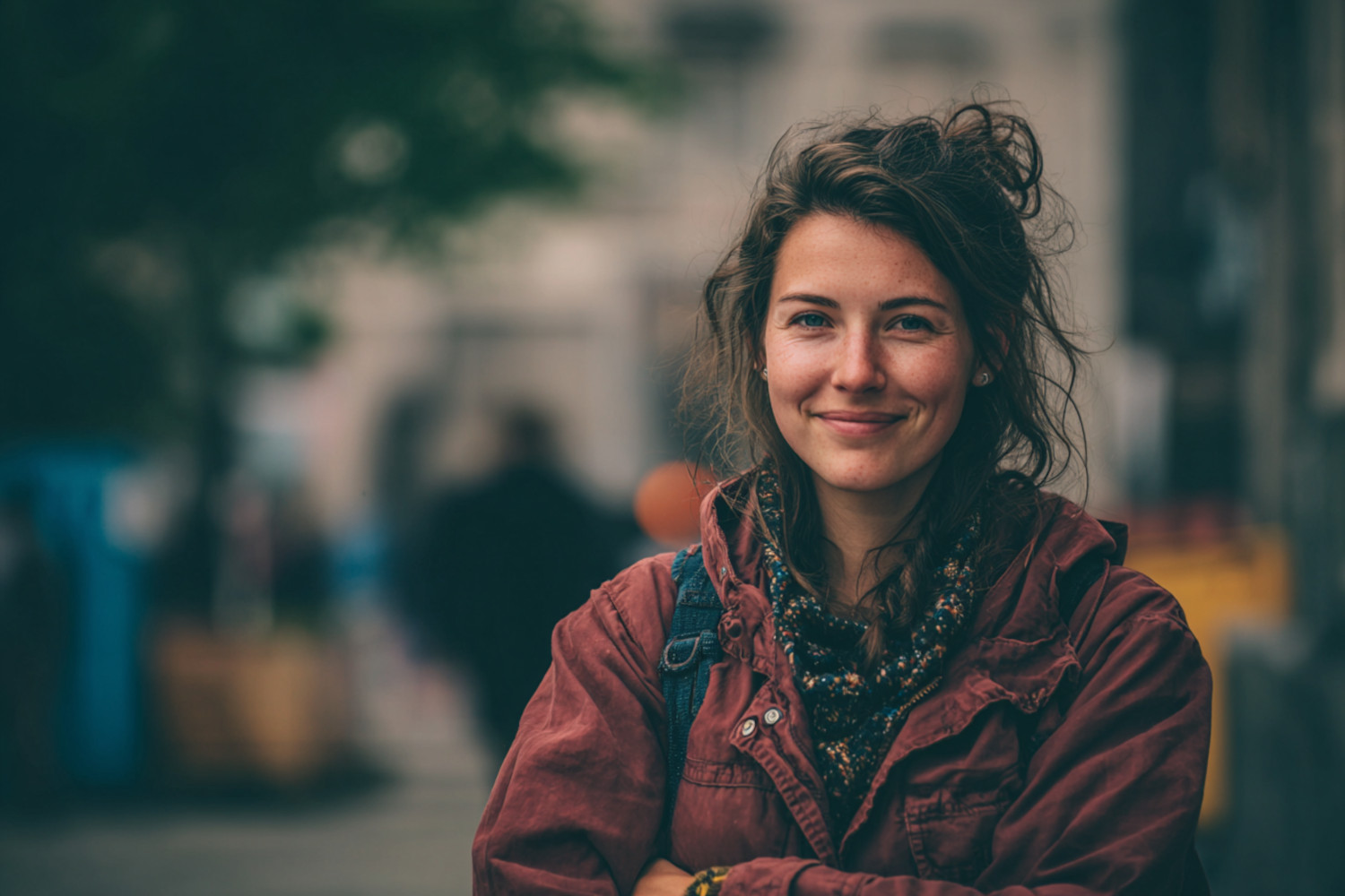 Eine Frau schaut mit verschränkten Armen lächelnd in die Kamera
