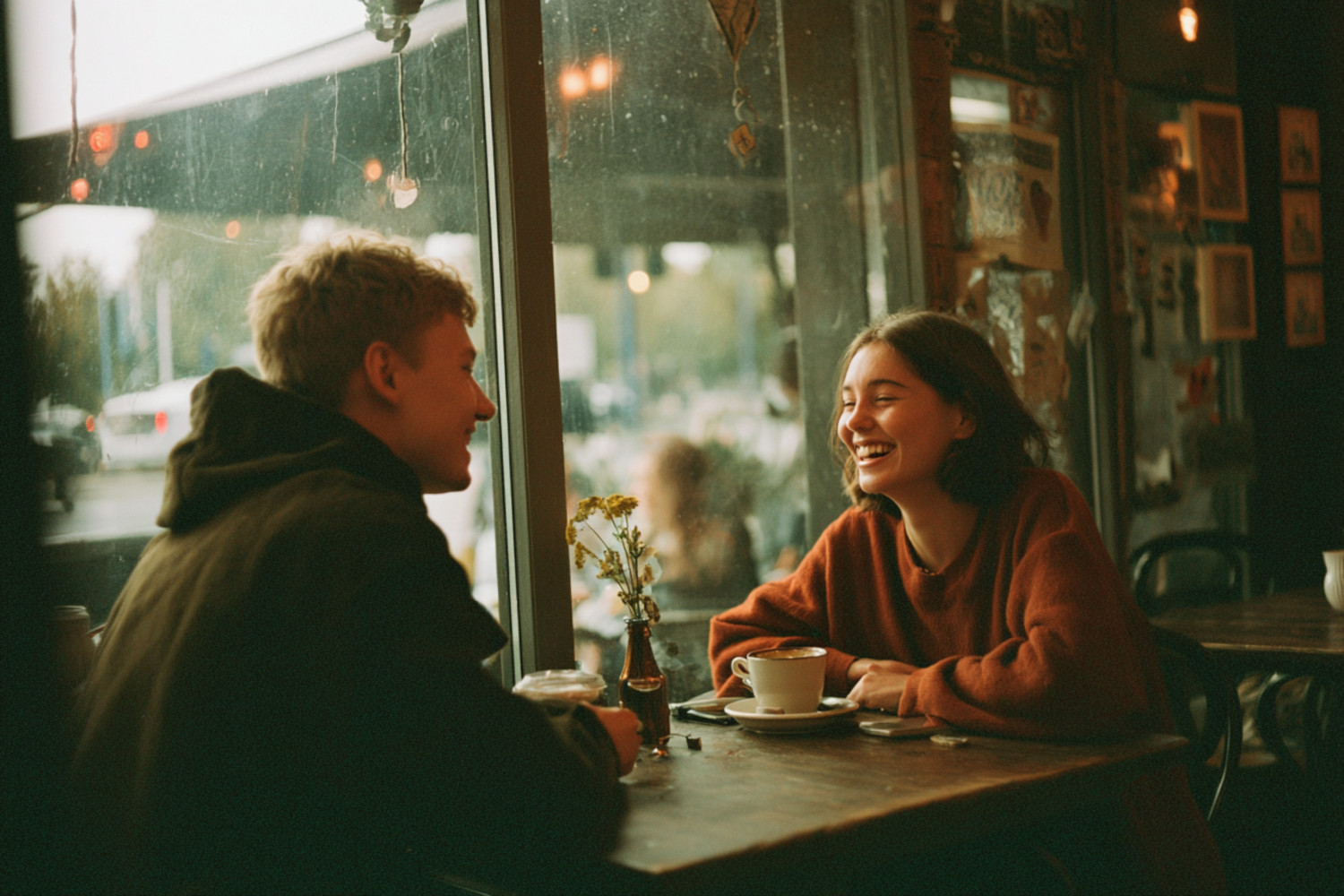 Ein Mann und eine Frau sitzen in einem Cafe