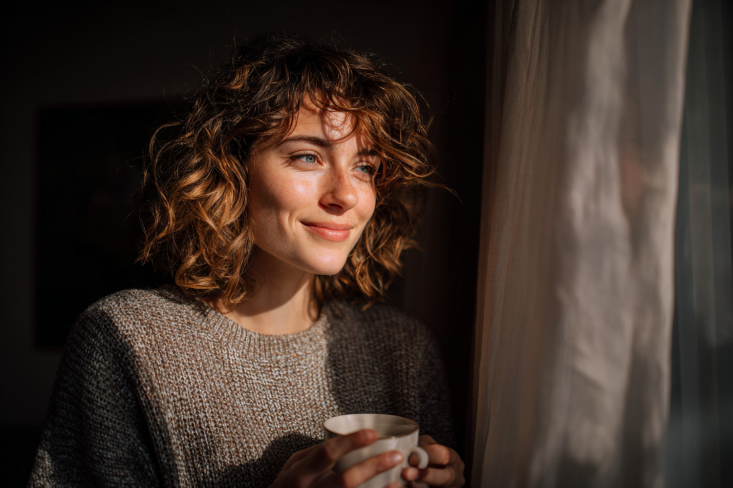 Eine Frau hält eine Tasse und schaut aus dem Fenster