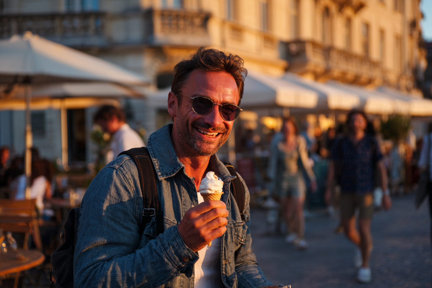 Ein Mann isst in einer belebten Stadt ein Eis