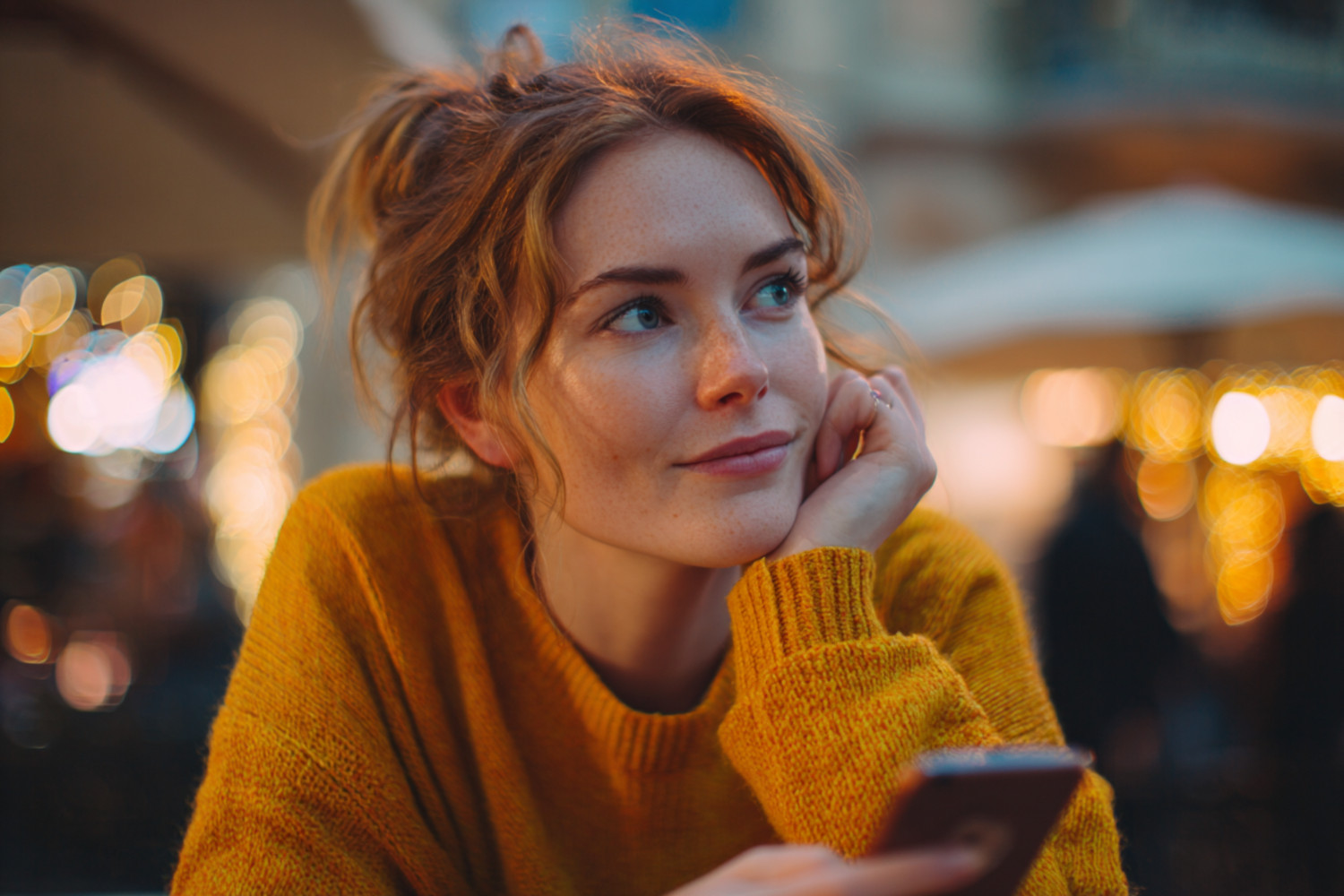 Eine Frau hält ein Smartphone in der Hand und schaut nachdenklich